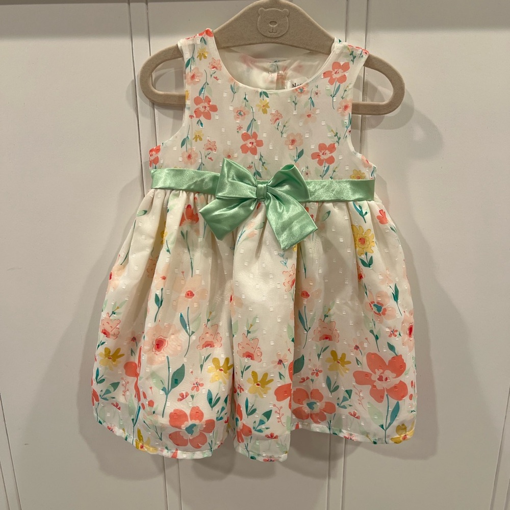 Nannette Cream Floral Dress with Coral & Yellow Flowers and Mint Bow